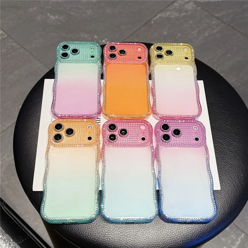 Coque pour iPhone 17 Pro Max, décor de strass, cadre ondulé, design dégradé, housse en TPU - Orange / Vert