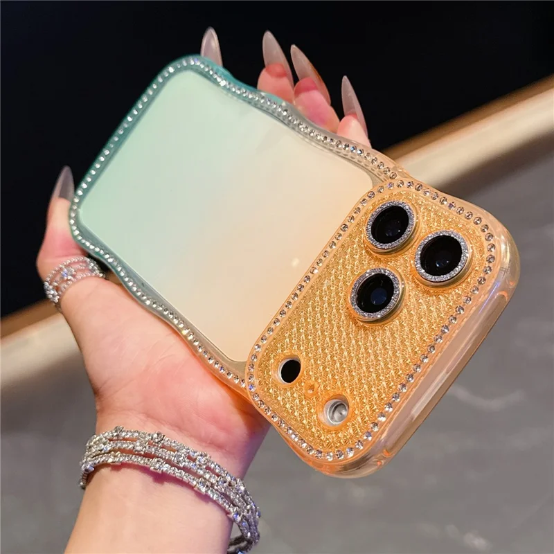 Coque pour iPhone 17 Pro Max, décor de strass, cadre ondulé, design dégradé, housse en TPU - Orange / Vert