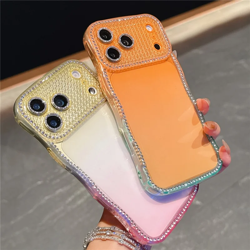 Coque pour iPhone 17 Pro Max, décor de strass, cadre ondulé, design dégradé, housse en TPU - Orange / Vert