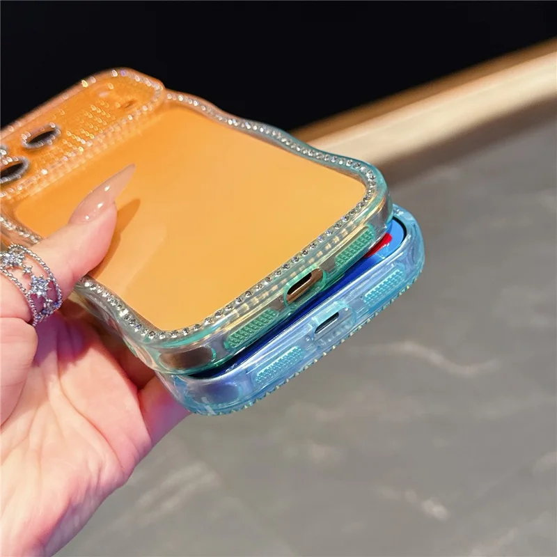 Coque pour iPhone 17 Pro Max, décor de strass, cadre ondulé, design dégradé, housse en TPU - Orange / Vert