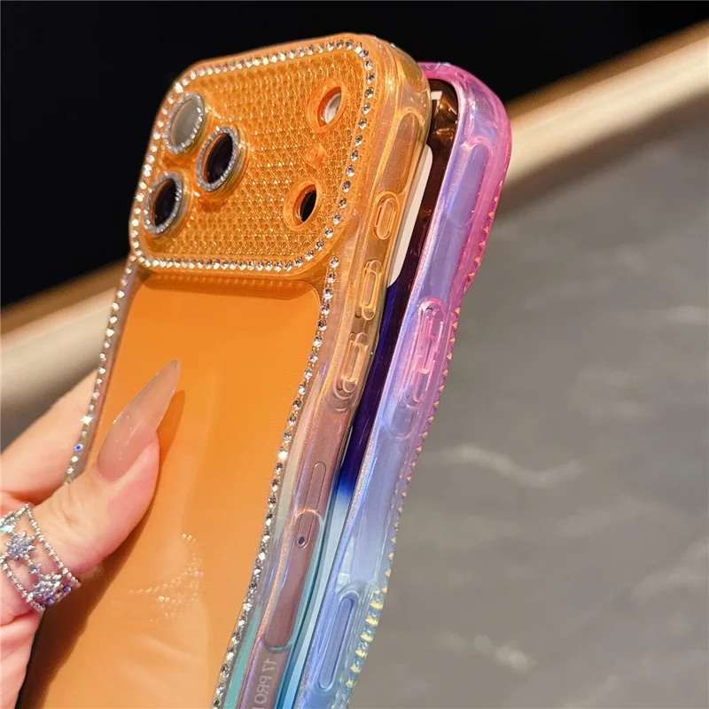 Coque pour iPhone 17 Pro Max, décor de strass, cadre ondulé, design dégradé, housse en TPU - Orange / Vert