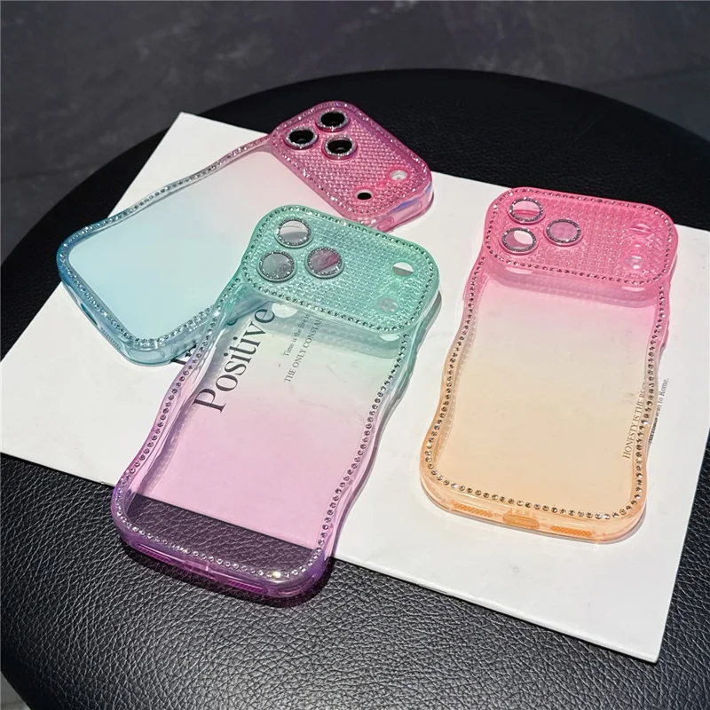 Coque pour iPhone 17 Pro Max, décor de strass, cadre ondulé, design dégradé, housse en TPU - Orange / Vert