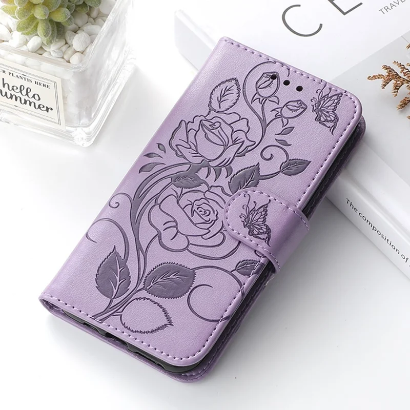 For Samsung Galaxy S26+ Case Wallet Stand Imprinted Rose Butterfly PU Leather Phone Cover - Purple