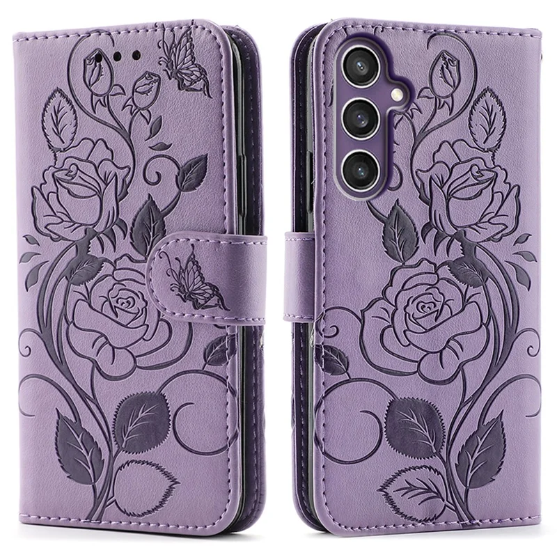 For Samsung Galaxy S26 Case Wallet Stand Imprinted Rose Butterfly PU Leather Phone Cover - Purple