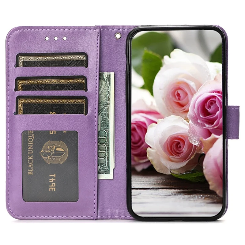 For Samsung Galaxy S26 Case Wallet Stand Imprinted Rose Butterfly PU Leather Phone Cover - Purple