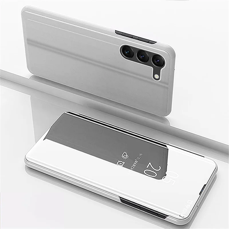 For Samsung Galaxy S23+ View Window PU Leather Case Stand Feature Mirror Electroplating Phone Cover Protector - Silver