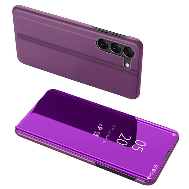 For Samsung Galaxy S23+ View Window PU Leather Case Stand Feature Mirror Electroplating Phone Cover Protector - Purple