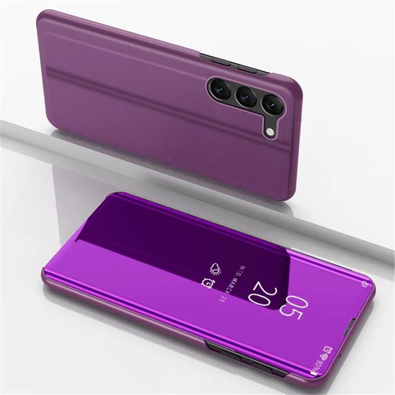 For Samsung Galaxy S23+ View Window PU Leather Case Stand Feature Mirror Electroplating Phone Cover Protector - Purple