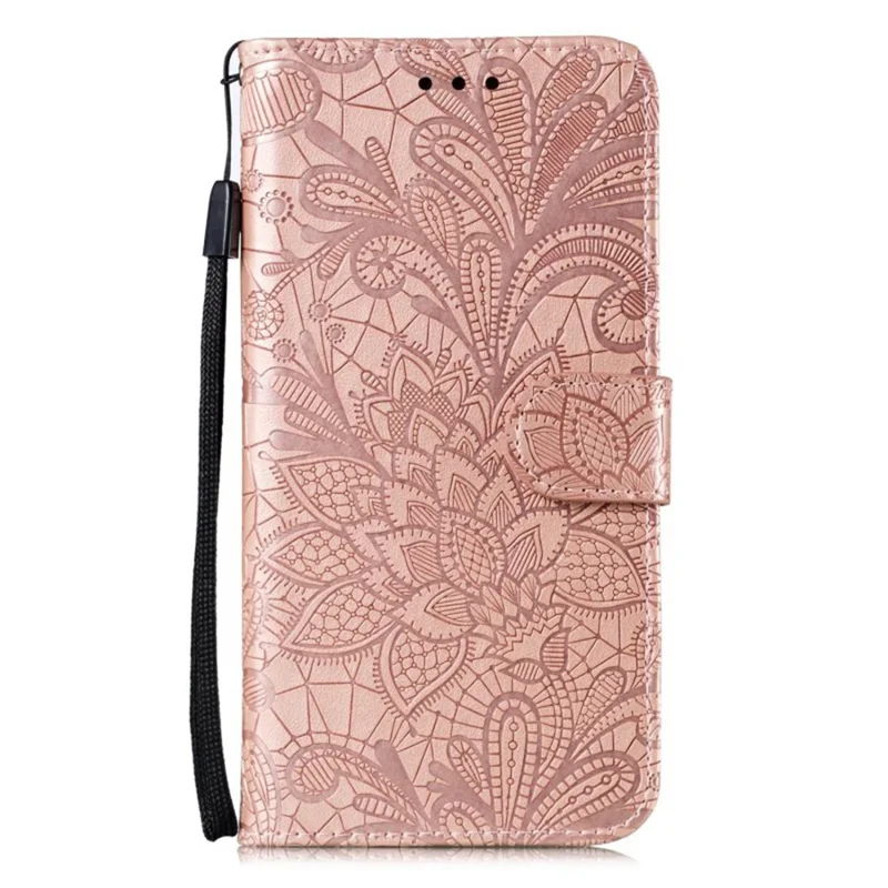 For Samsung Galaxy S26 Case Lace Flowers PU Leather Flip Wallet Phone Cover - Rose Gold