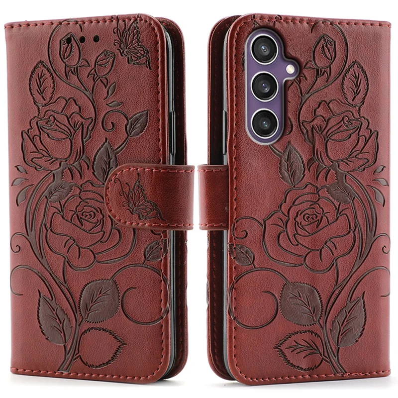 For Samsung Galaxy A27 Case Wallet Stand Imprinted Rose Butterfly PU Leather Phone Cover - Brown