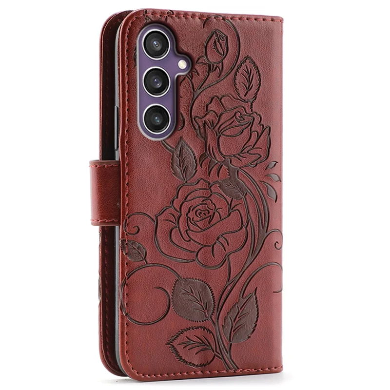For Samsung Galaxy A27 Case Wallet Stand Imprinted Rose Butterfly PU Leather Phone Cover - Brown