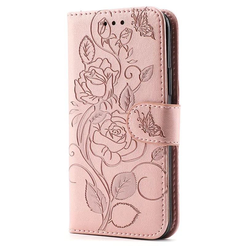 For Samsung Galaxy A37 5G Case Wallet Stand Imprinted Rose Butterfly PU Leather Phone Cover  - Rose Gold