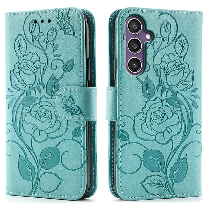 For Samsung Galaxy A57 5G Case Wallet Stand Imprinted Rose Butterfly PU Leather Phone Cover - Green