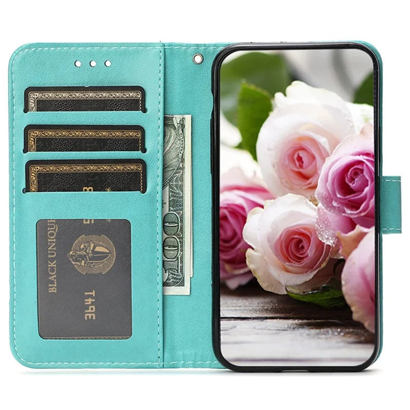 For Samsung Galaxy A57 5G Case Wallet Stand Imprinted Rose Butterfly PU Leather Phone Cover - Green