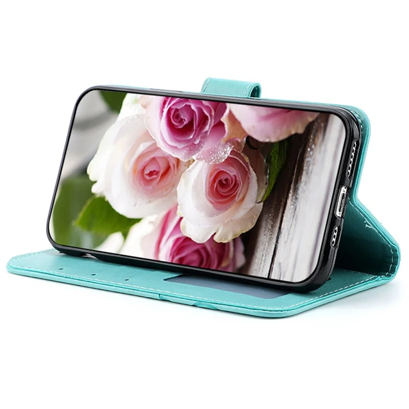 For Samsung Galaxy A57 5G Case Wallet Stand Imprinted Rose Butterfly PU Leather Phone Cover - Green