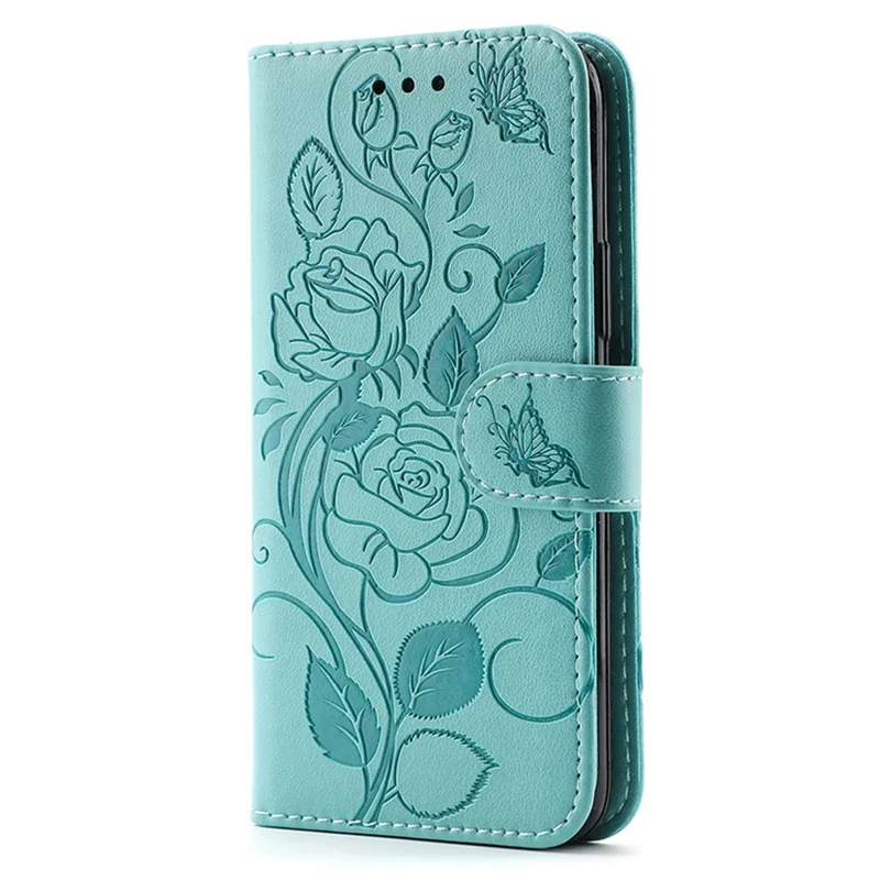 For Samsung Galaxy A57 5G Case Wallet Stand Imprinted Rose Butterfly PU Leather Phone Cover - Green