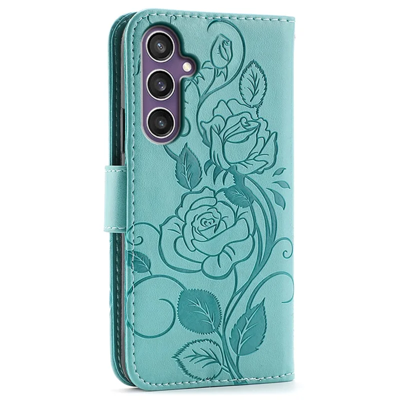 For Samsung Galaxy A57 5G Case Wallet Stand Imprinted Rose Butterfly PU Leather Phone Cover - Green
