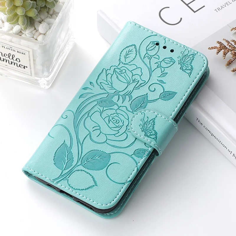 For Samsung Galaxy A57 5G Case Wallet Stand Imprinted Rose Butterfly PU Leather Phone Cover - Green