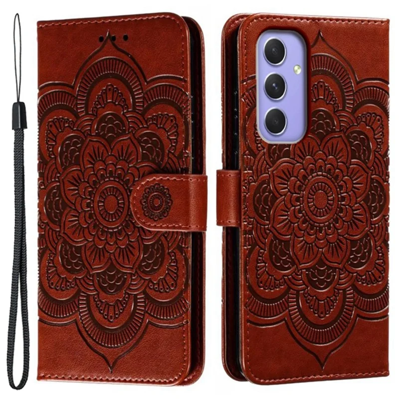 For Samsung Galaxy A27 Case PU Leather Mandala Imprinted Design Wallet Phone Cover with Wrist Strap - Brown