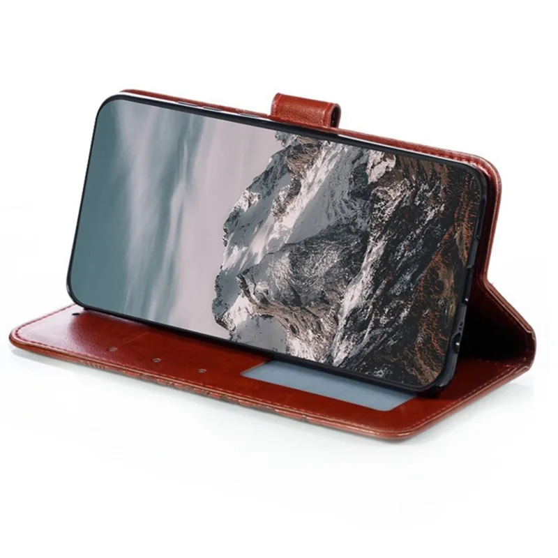 For Samsung Galaxy A27 Case PU Leather Mandala Imprinted Design Wallet Phone Cover with Wrist Strap - Brown