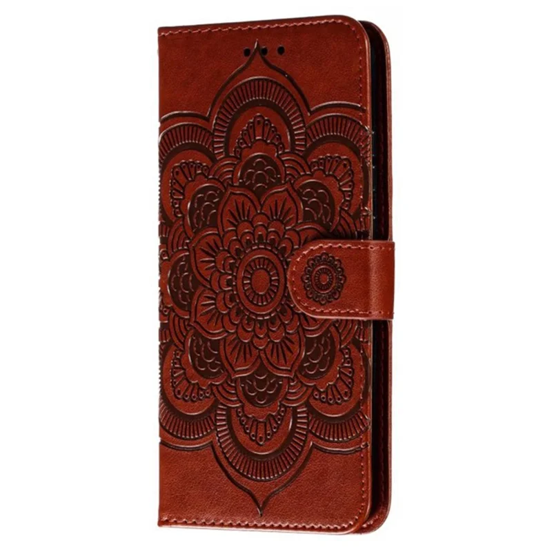 For Samsung Galaxy A27 Case PU Leather Mandala Imprinted Design Wallet Phone Cover with Wrist Strap - Brown