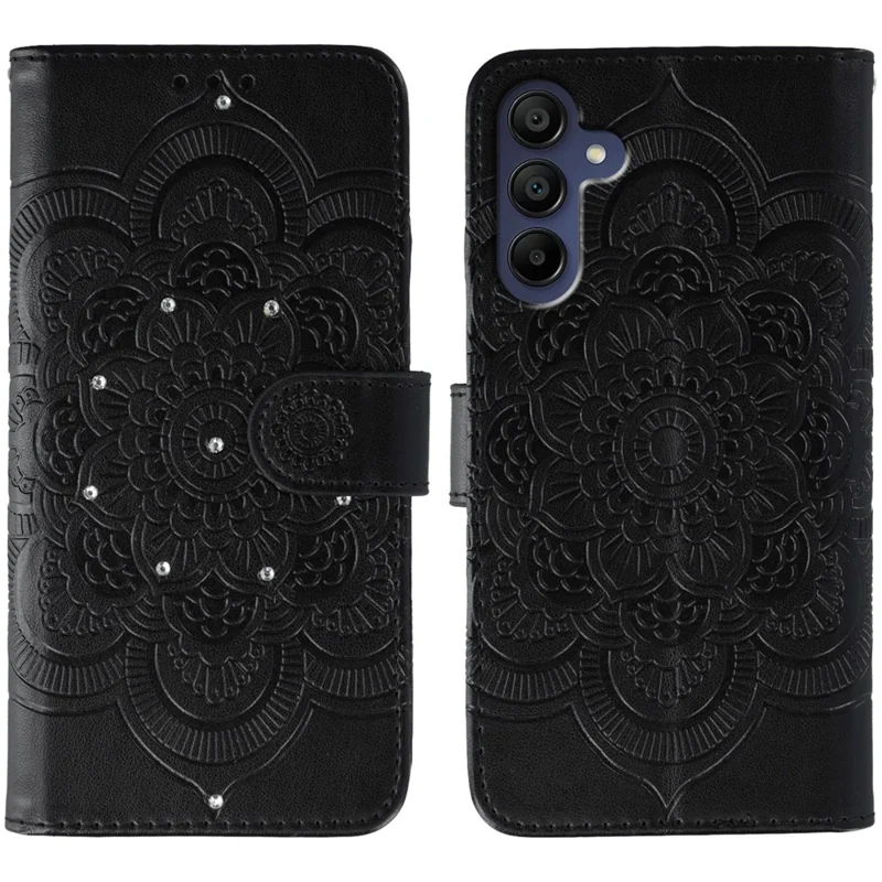 For Samsung Galaxy A27 Case Rhinestone Decor PU Leather Mandala Imprint Phone Cover with Wrist Strap - Black
