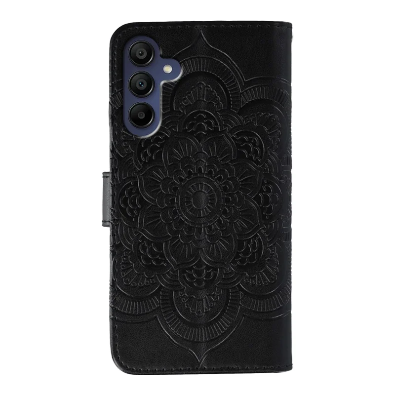 For Samsung Galaxy A27 Case Rhinestone Decor PU Leather Mandala Imprint Phone Cover with Wrist Strap - Black