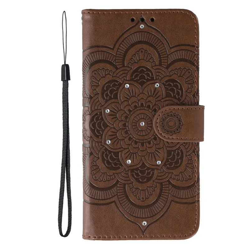 Voor Samsung Galaxy A37 Hoesje Strassdecor Kunstleer Mandala Afdrukken Telefoonhoesje met Polsbandje - Bruin