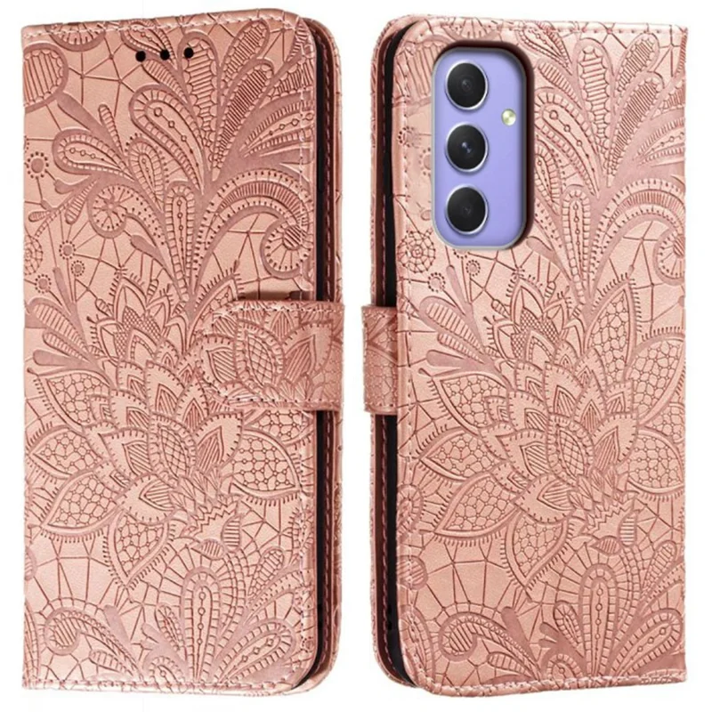 For Samsung Galaxy A27 Case Lace Flowers PU Leather Flip Wallet Phone Cover - Rose Gold