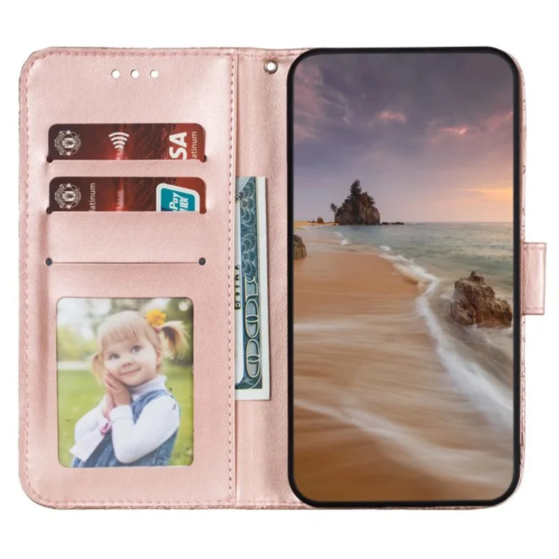 For Samsung Galaxy A27 Case Lace Flowers PU Leather Flip Wallet Phone Cover - Rose Gold