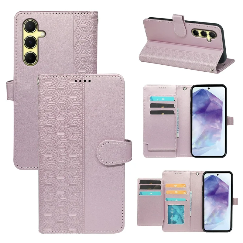 For Samsung Galaxy A27 Case with 9 Card Slots Checkered Pattern PU Leather Phone Cover - Rose Gold