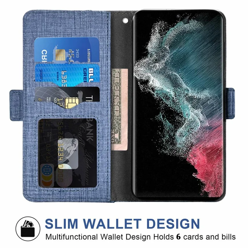 For Samsung Galaxy S26 Ultra Case Jean Cloth Texture PU Leather Wallet Phone Cover with Rotating Card Slots - Blue