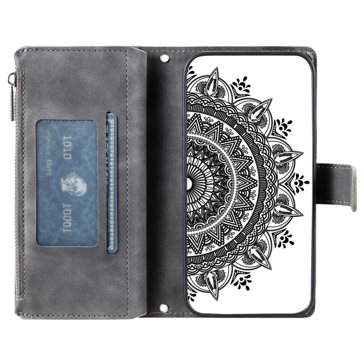 For Xiaomi 12T Pro 5G / 12T 5G / Redmi K50 Ultra 5G Phone Case Zipper Pocket Mandala Flower Imprinted Multiple Card Slots Wallet PU Leather Stand Cover - Grey