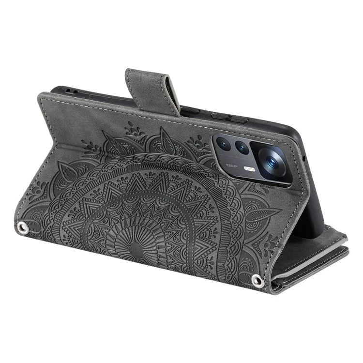 For Xiaomi 12T Pro 5G / 12T 5G / Redmi K50 Ultra 5G Phone Case Zipper Pocket Mandala Flower Imprinted Multiple Card Slots Wallet PU Leather Stand Cover - Grey