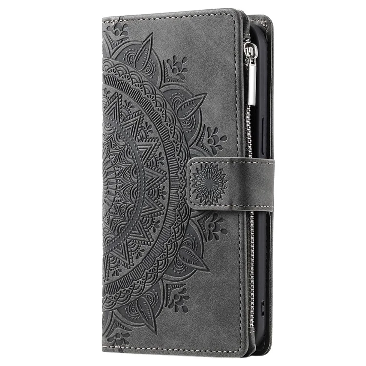 For Xiaomi 12T Pro 5G / 12T 5G / Redmi K50 Ultra 5G Phone Case Zipper Pocket Mandala Flower Imprinted Multiple Card Slots Wallet PU Leather Stand Cover - Grey