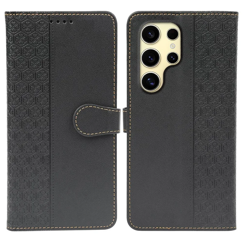 For Samsung Galaxy S26 Ultra Case Magnetic Clasp Four Leaf Clover Leather Phone Cover - Black