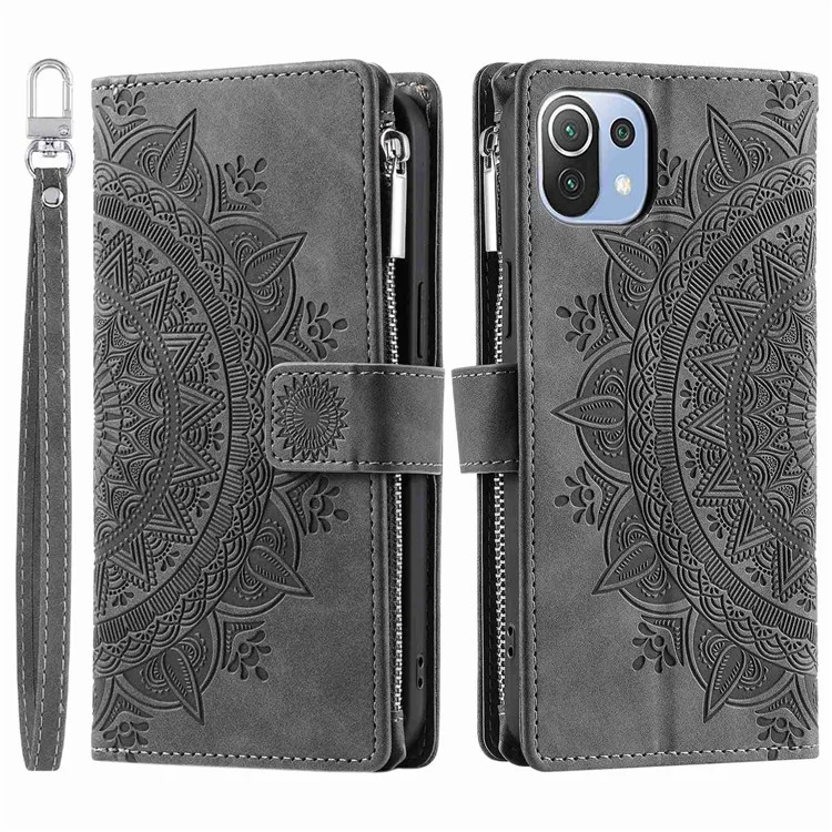 For Xiaomi 11 Lite 5G NE / Mi 11 Lite 5G / 4G Zipper Pocket Phone Case Mandala Flower Imprinted PU Leather Stand Cover Multiple Card Slots Wallet - Black