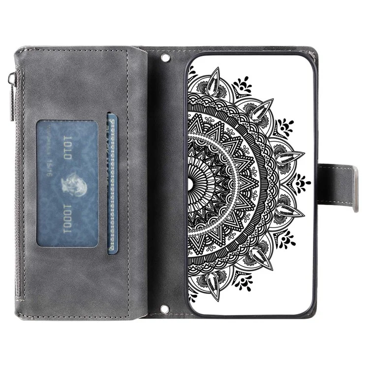 For Xiaomi 11 Lite 5G NE / Mi 11 Lite 5G / 4G Zipper Pocket Phone Case Mandala Flower Imprinted PU Leather Stand Cover Multiple Card Slots Wallet - Black
