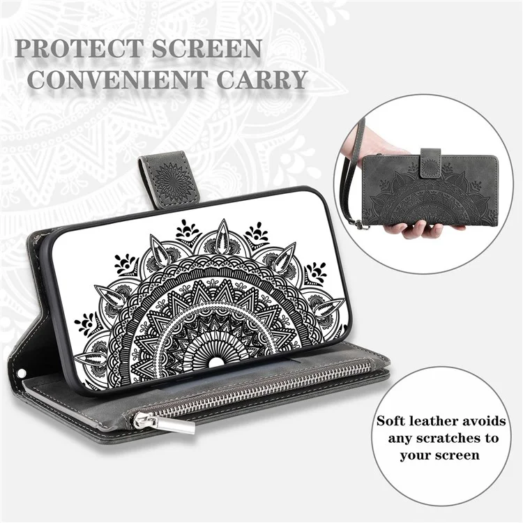 Para Xiaomi 11 Lite 5g ne / Mi 11 Lite 5g / Case de Teléfono de Bolsillo de la Cremallera 4G Mandala Mandala Imprimida PU Cubierta de Cuero PU Cubierta de Múltiples Ranuras Para Tarjetas - Negro