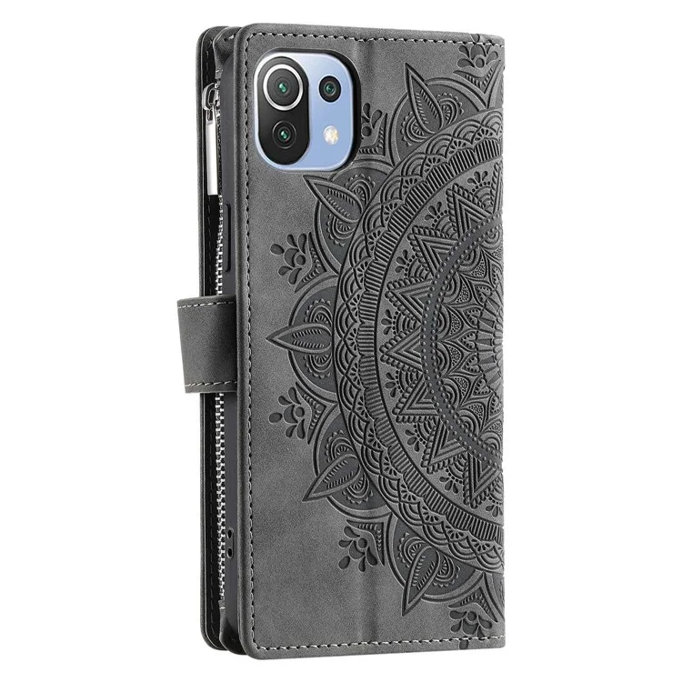 For Xiaomi 11 Lite 5G NE / Mi 11 Lite 5G / 4G Zipper Pocket Phone Case Mandala Flower Imprinted PU Leather Stand Cover Multiple Card Slots Wallet - Black