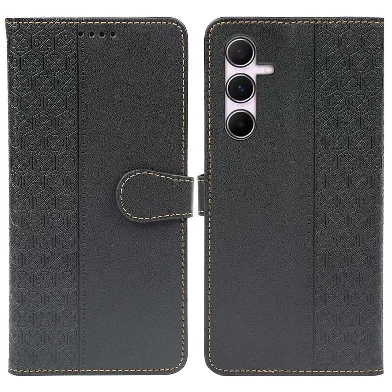 For Samsung Galaxy S26 Case Magnetic Clasp Four Leaf Clover Leather Phone Cover - Black