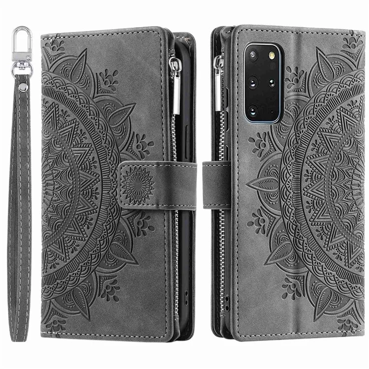 Para Samsung Galaxy S20 Plus 4G / 5G Anti-srratch Phone Shell Pocket Pocket Mandala Flower Impresión de Múltiples Ranuras Para Tarjetas PU Cubierta de Cuero de Cuero - Gris