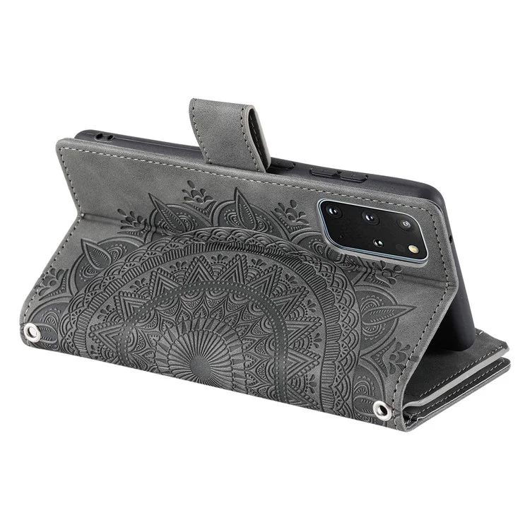 Para Samsung Galaxy S20 Plus 4G / 5G Anti-srratch Phone Shell Pocket Pocket Mandala Flower Impresión de Múltiples Ranuras Para Tarjetas PU Cubierta de Cuero de Cuero - Gris