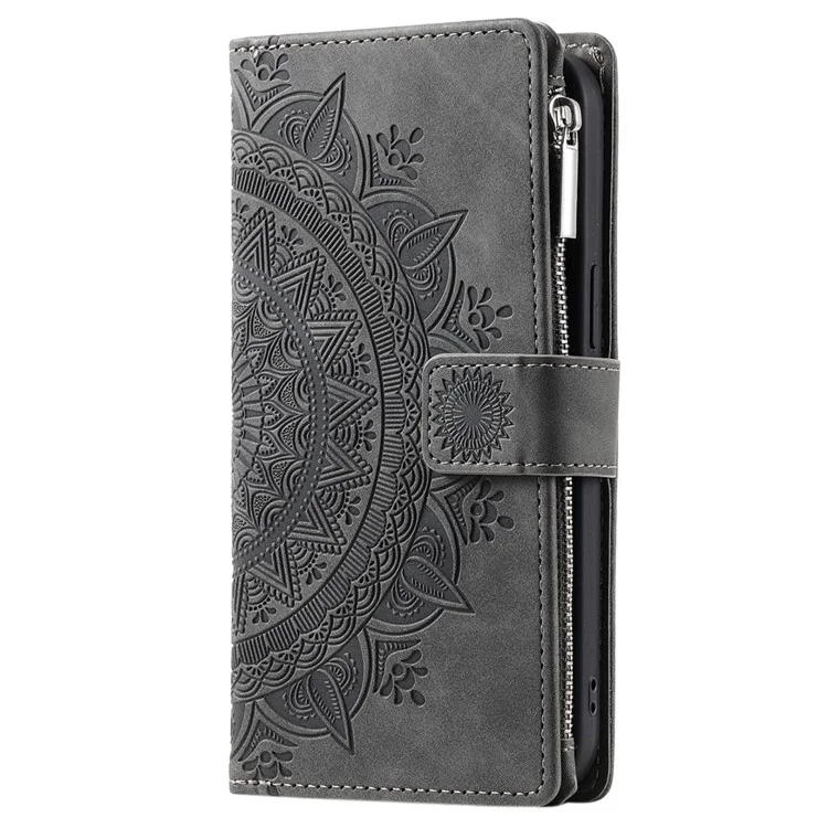 Para Samsung Galaxy S20 Plus 4G / 5G Anti-srratch Phone Shell Pocket Pocket Mandala Flower Impresión de Múltiples Ranuras Para Tarjetas PU Cubierta de Cuero de Cuero - Gris