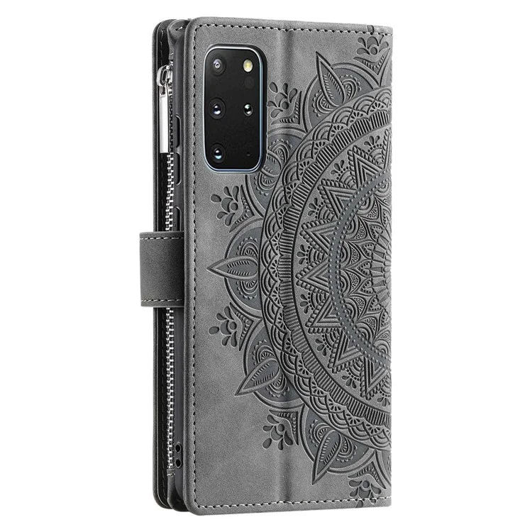 Para Samsung Galaxy S20 Plus 4G / 5G Anti-srratch Phone Shell Pocket Pocket Mandala Flower Impresión de Múltiples Ranuras Para Tarjetas PU Cubierta de Cuero de Cuero - Gris