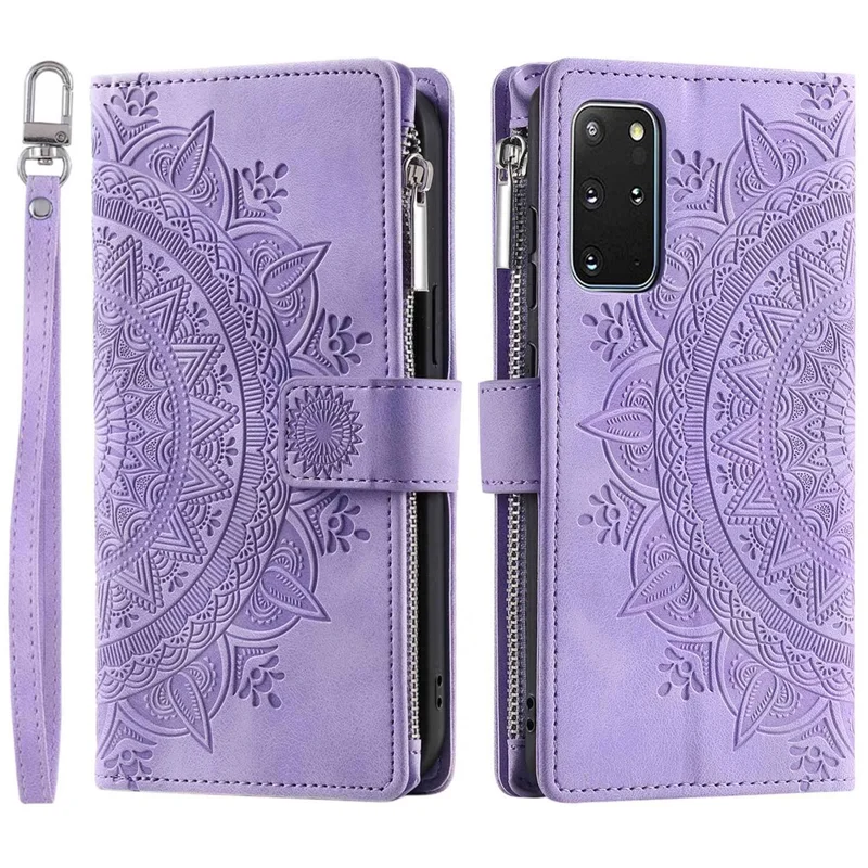 For Samsung Galaxy S20 Plus 4G / 5G Anti-scratch Phone Shell Zipper Pocket Mandala Flower Imprinted Multiple Card Slots Wallet PU Leather Stand Cover - Purple