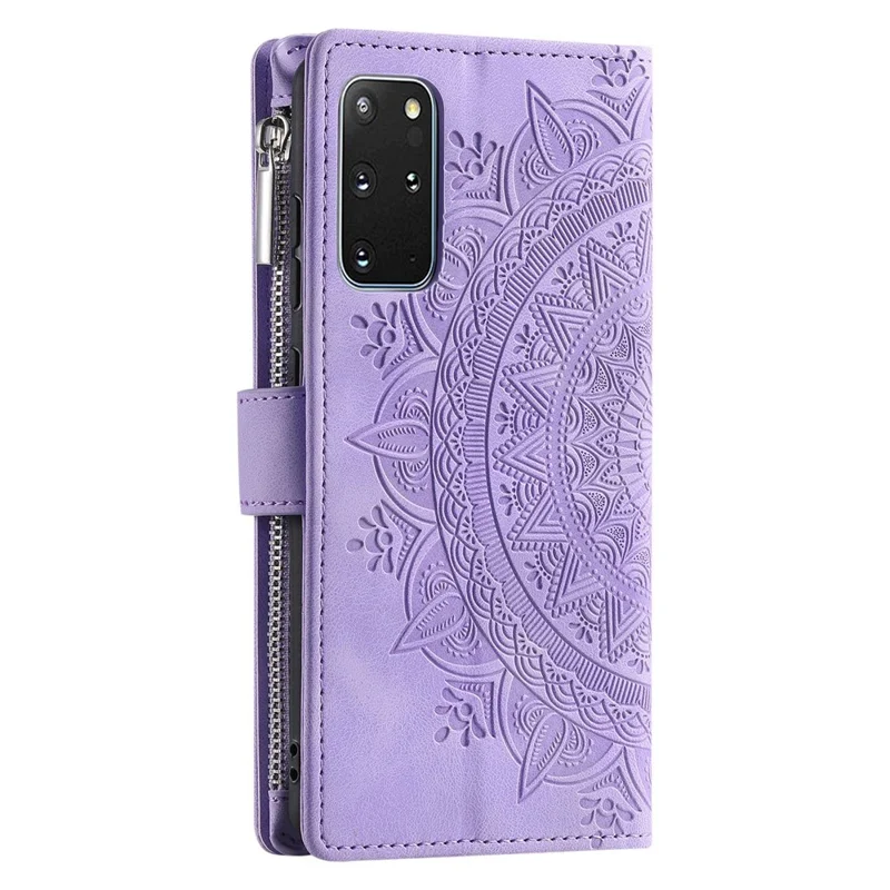 For Samsung Galaxy S20 Plus 4G / 5G Anti-scratch Phone Shell Zipper Pocket Mandala Flower Imprinted Multiple Card Slots Wallet PU Leather Stand Cover - Purple