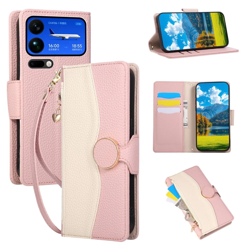 Fodral för Xiaomi 17 Pro Max med plånbok, dragkedja, färgstudsad TPU och PU-läder med rem - Rosa