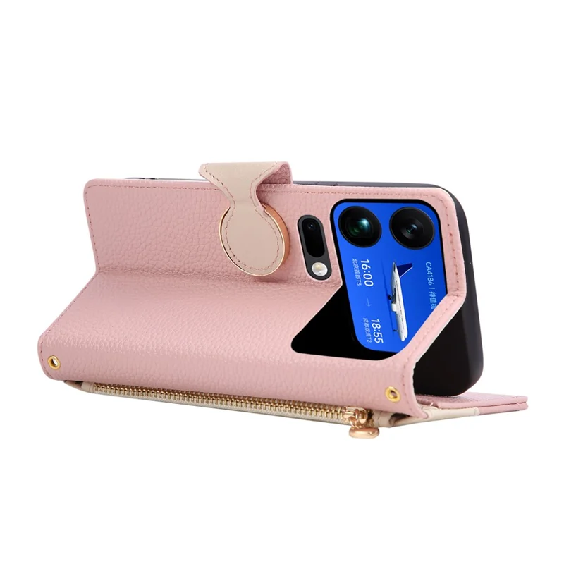 Fodral för Xiaomi 17 Pro Max med plånbok, dragkedja, färgstudsad TPU och PU-läder med rem - Rosa