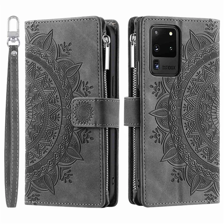 Para Samsung Galaxy S20 Ultra Mandala Flower Imprinted Zipper Pocket Phone Case PU Leather Stand Cover Multiple Card Slots Wallet - Gris